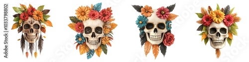 Four artistic skulls adorned with vibrant flowers, representing a blend of a traditional and contemporary aesthetic.