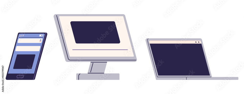 A smartphone, desktop, and laptop are displayed side-by-side, highlighting different digital devices. Ideal for tech themes, digital communication, software development, web design, and modern A smartphone, desktop, and laptop are displayed side-by-side, highlighting different digital devices. Ideal for tech themes, digital communication, software development, web design, and modern