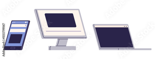 A smartphone, desktop, and laptop are displayed side-by-side, highlighting different digital devices. Ideal for tech themes, digital communication, software development, web design, and modern