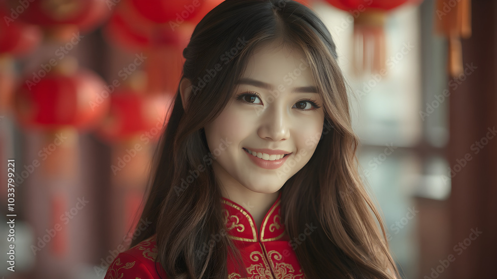 A young asian woman with long dark hair wearing a red traditional Chinese dress, smiling in front of a red background A young asian woman with long dark hair wearing a red traditional Chinese dress, smiling in front of a red background