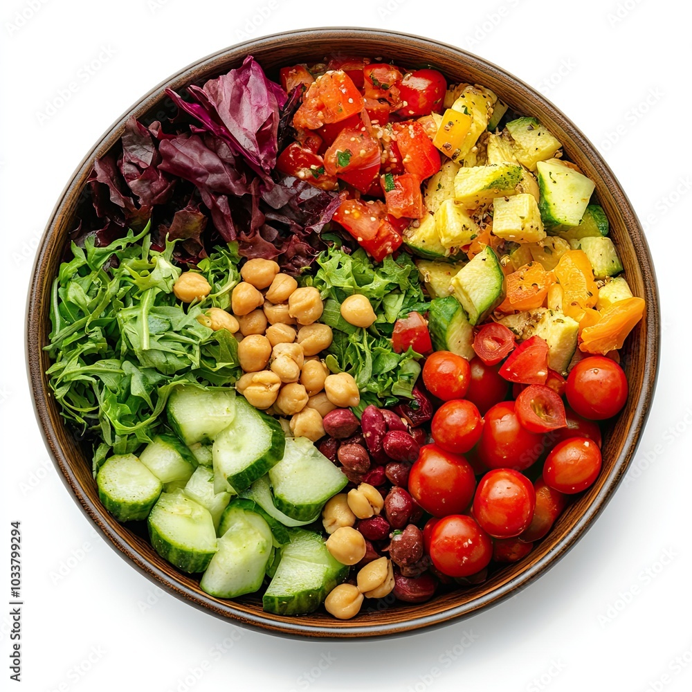 top lay view of Bowl with various vegan salads isolated on white background top lay view of Bowl with various vegan salads isolated on white background