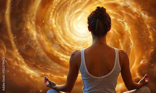 A woman meditates in a golden vortex that turns into a mandala.
