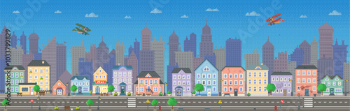 Colourful cityscape with vintage airplanes flying over diverse buildings against a backdrop of towering skyscrapers and a clear blue sky. Ideal for city life representation urban architecture travel