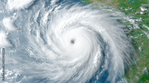 massive storm swirling above Earths atmosphere, showcasing powerful forces of nature. intricate patterns of clouds and eye of storm create dramatic visual impact