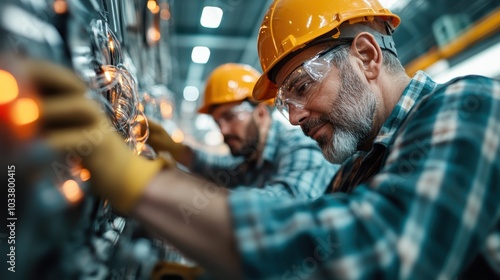 Two workers wearing protective gear and orange hard hats are focused on wiring an industrial panel, showcasing teamwork and attention to safety in the workplace. photo