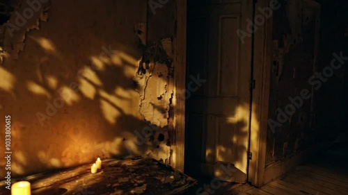 A haunted house creaks with every step, doors slowly swinging open. Candles flicker on dusty tables as shadows move along the walls.