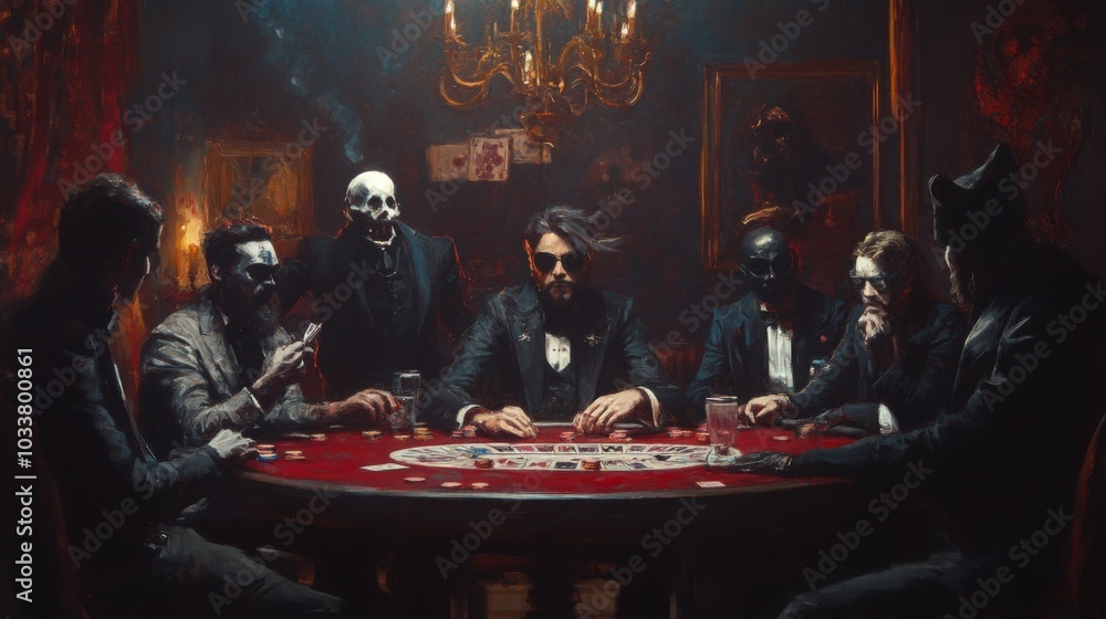 Detailed villains poker game painting with dramatic lighting props costumes Detailed villains poker game painting with dramatic lighting props costumes