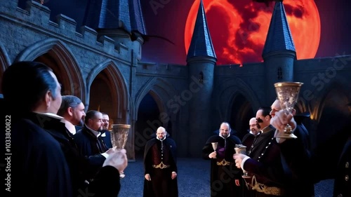 Vampires gather under a blood-red moon in a gothic castle courtyard. Bats swoop down as they raise their goblets to toast the eternal night.
