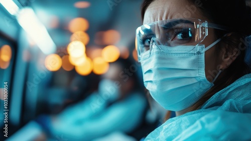 A female doctor, protected by goggles and mask, listens intently inside an ambulance, embodying calmness, focus, and dedication during an emergency response. photo