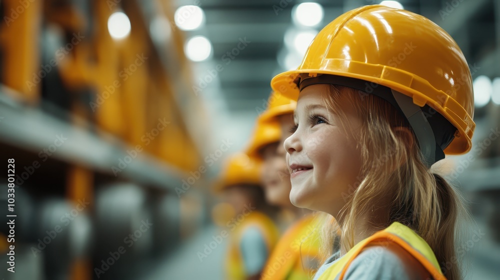 A smiling child wearing a hard hat and safety vest, looking upwards with excitement while exploring a large warehouse setting that accommodates machinery.