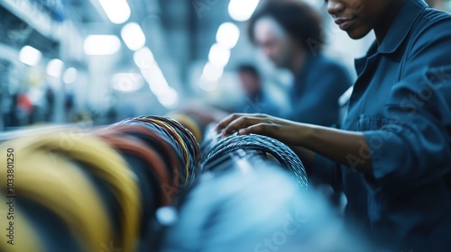 A technician inspects colorful wires on an active factory floor assembly line, embodying efficiency and technical skill. The setting is clearly industrial. photo