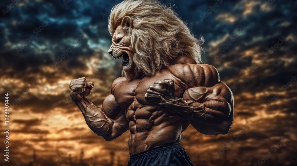 Lion-headed bodybuilder flexes muscles against a dramatic sky, exuding strength and masculinity. The surreal scene inspires power and success Lion-headed bodybuilder flexes muscles against a dramatic sky, exuding strength and masculinity. The surreal scene inspires power and success