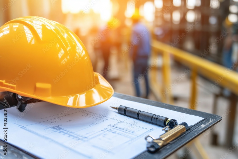 Construction plans with safety helmet at worksite Construction plans with safety helmet at worksite