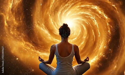A woman meditates in a golden vortex that turns into a mandala.