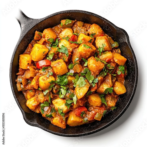 Top view of a cast iron skillet with aloo gobi isolated on white background photo