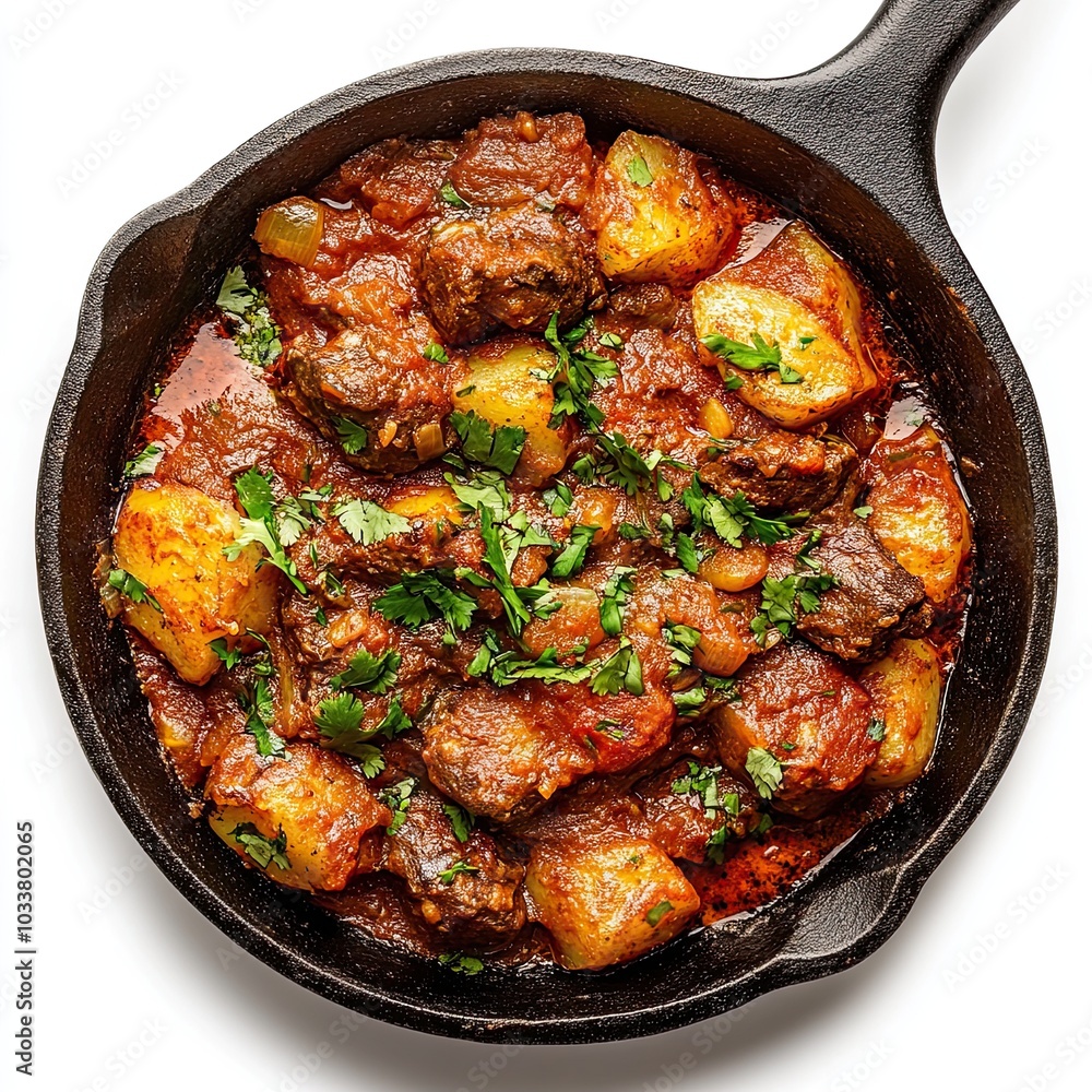 Top view of a cast iron skillet with aloo gosht isolated on white background Top view of a cast iron skillet with aloo gosht isolated on white background