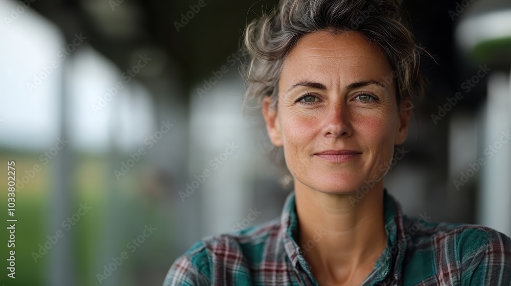A woman with a warm smile wears a plaid shirt standing against a blurred background with natural light streaming in, suggesting a rustic outdoor setting. A woman with a warm smile wears a plaid shirt standing against a blurred background with natural light streaming in, suggesting a rustic outdoor setting.
