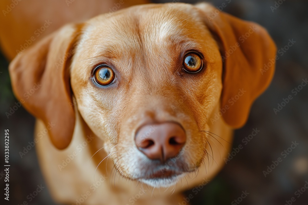 A curious dog's face is seen in close-up, with wide, expressive eyes, creating an endearing canine portrait. A curious dog's face is seen in close-up, with wide, expressive eyes, creating an endearing canine portrait.
