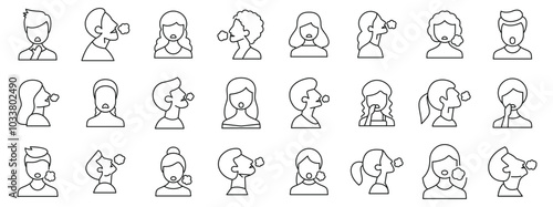 Deep breath icons set. People coughing and feeling unwell with virus or flu symptoms line icon set