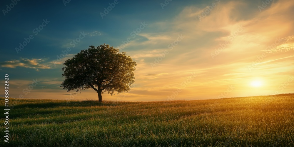 A solitary tree stands in a field beneath a vibrant setting sun. A solitary tree stands in a field beneath a vibrant setting sun.