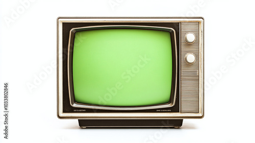 old classical tv aged cube television vintage classic equipment with green screen chroma key 3d minimal style render screen centered in center square png on white clean background