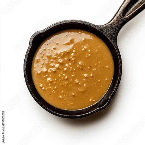 Top view of a cast iron skillet with gravy isolated on white background