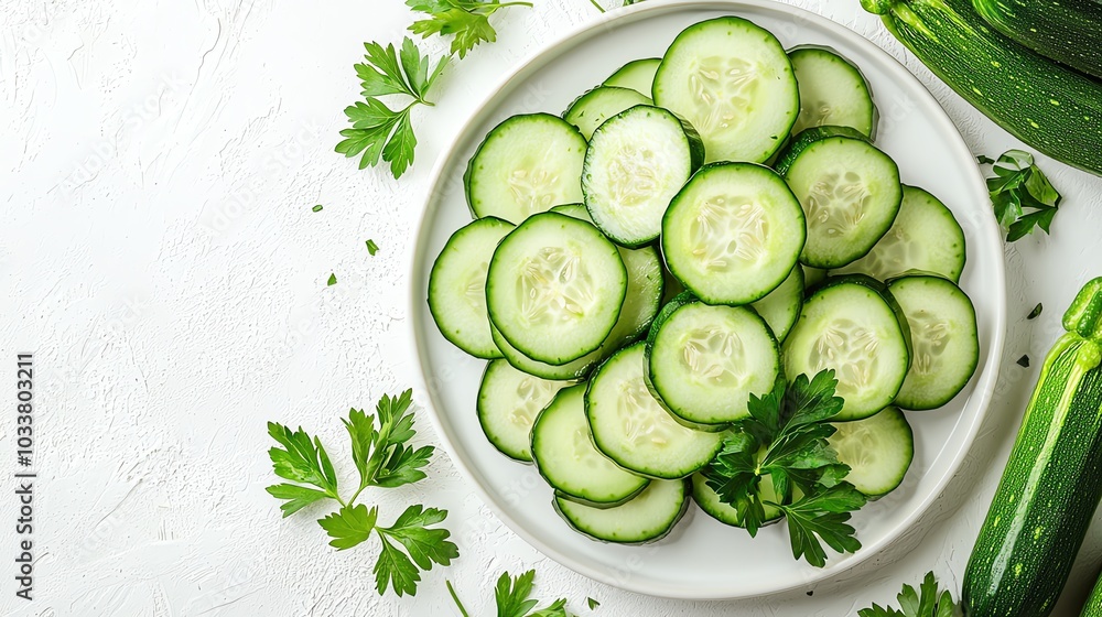 Freshly sliced cucumber arranged on a plate with herbs, perfect for salads or healthy dishes. Vibrant, green, and nutritious. Freshly sliced cucumber arranged on a plate with herbs, perfect for salads or healthy dishes. Vibrant, green, and nutritious.