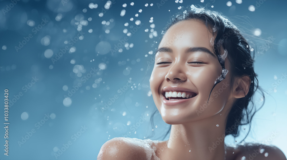 Radiant Beauty: Joyful Woman Embracing Refreshing Water Splash Radiant Beauty: Joyful Woman Embracing Refreshing Water Splash