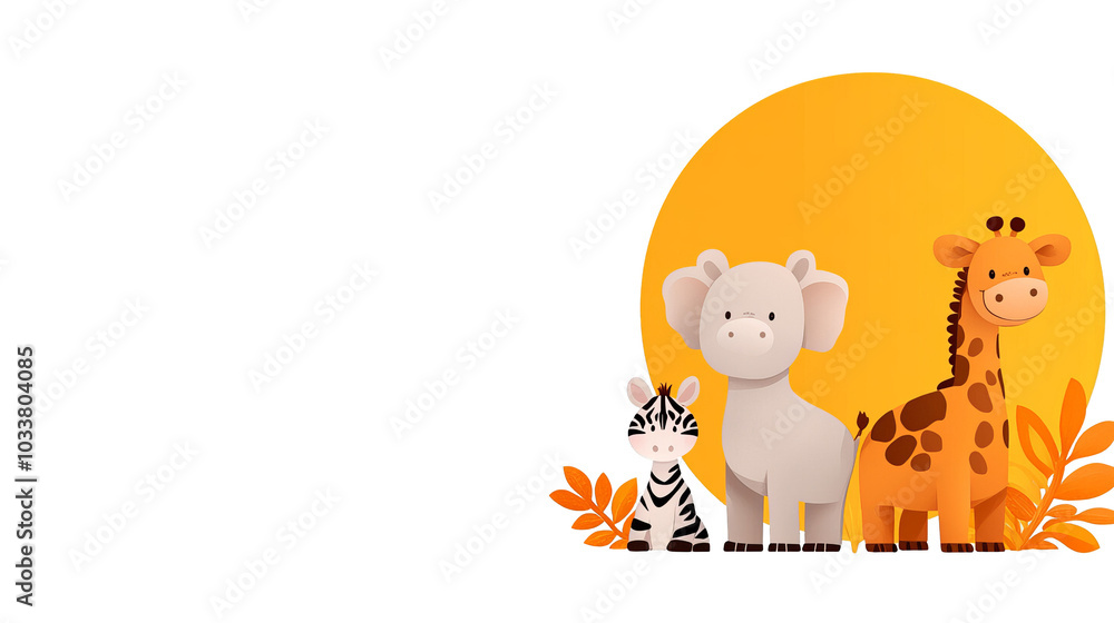 Cute cartoon animals, isolated on white background with a vibrant sun. Cute cartoon animals, isolated on white background with a vibrant sun.
