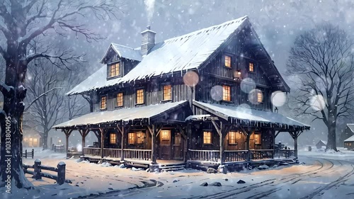Wallpaper Mural Snow-covered rustic cabin illuminated warmly on a quiet winter evening. Winter concept Seamless looping 4k time-lapse animation video background Torontodigital.ca
