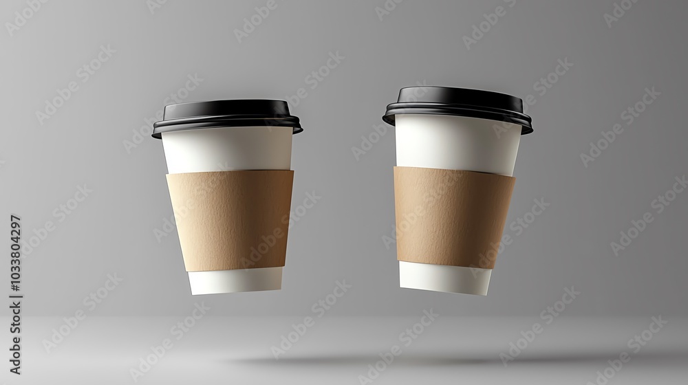 Two coffee cups floating against a minimalistic background, perfect for showcasing beverage design or cafe branding. Two coffee cups floating against a minimalistic background, perfect for showcasing beverage design or cafe branding.