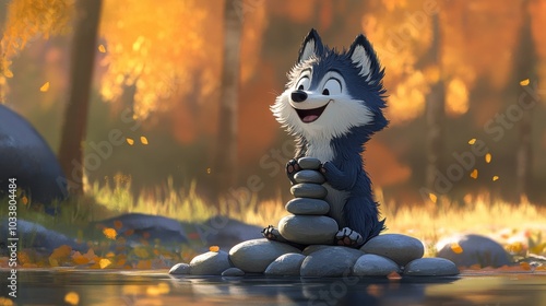 The wolf pup uses its paws to stack smooth river stones, building a tiny tower that wobbles and falls, making the pup laugh, in cartoon style. photo