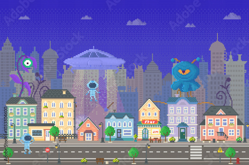 UFO hovers over a city street with an astronaut being beamed up. Two friendly, large monsters interact with colorful houses and small figures below. Ideal for children, fantasy, adventure, sci-fi