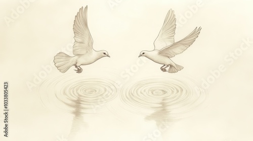 A pair of doves soaring over a still lake their wings touching the water s surface and creating rippling waves that expand outward photo