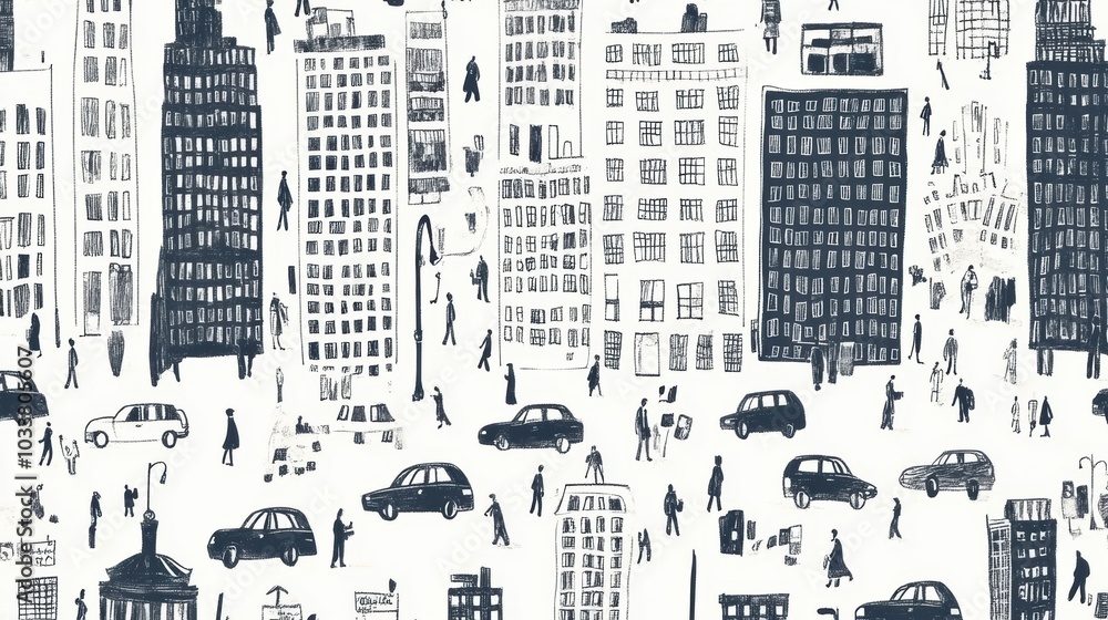 Hand-drawn urban doodles depict a vibrant city life with buildings, cars, and people filling the lively streets and surroundings. Generative AI Hand-drawn urban doodles depict a vibrant city life with buildings, cars, and people filling the lively streets and surroundings. Generative AI