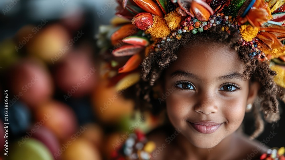 A little girl wearing a vibrant crown made of fruits beams with a charming smile, set against a softly blurred background of a colorful fruit display, capturing joy and creativity.