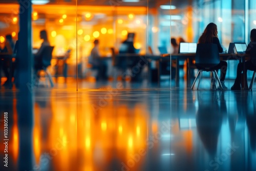 Modern office space with glass walls, people working on laptops, warm lighting, concrete floor, and professional atmosphere.