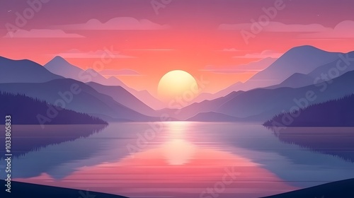 A flat vector illustration of the sunrise over mountains, with water reflecting the colors and light from the sun in a cartoon style.