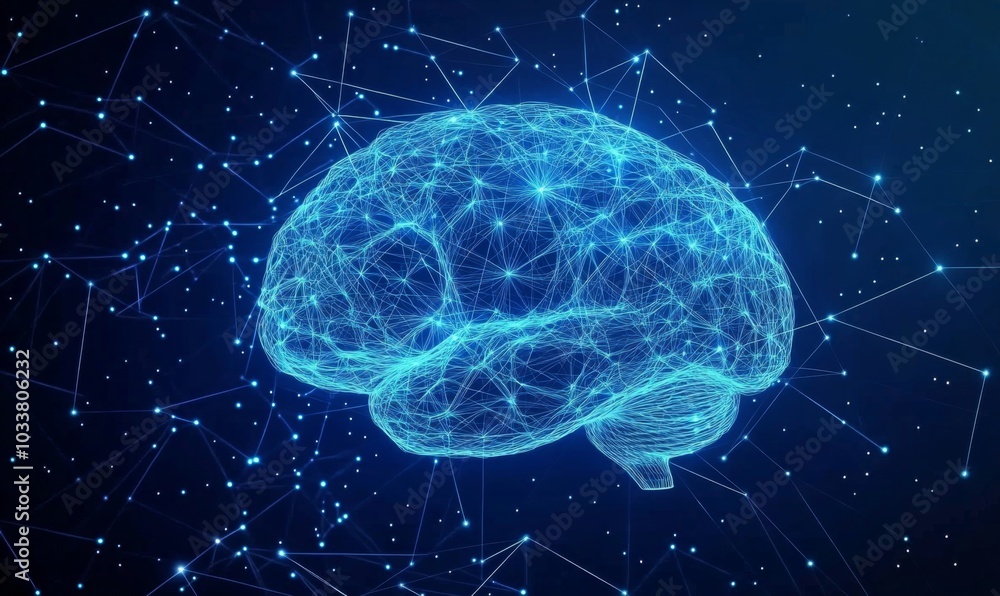 Futuristic digital brain illustration with blue lines and dots, surrounded by network-like pattern on dark background. Create technological representation. Futuristic digital brain illustration with blue lines and dots, surrounded by network-like pattern on dark background. Create technological representation.