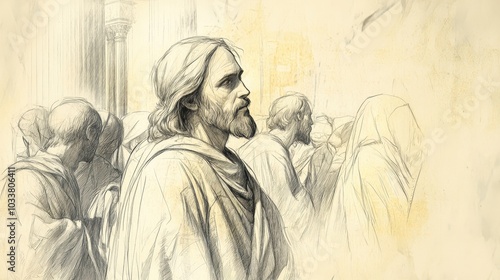 Jesus Christ with a stern and determined expression enters the Temple in Jerusalem and sees merchants selling animals and money changers at their tables He takes action to cleanse the Temple