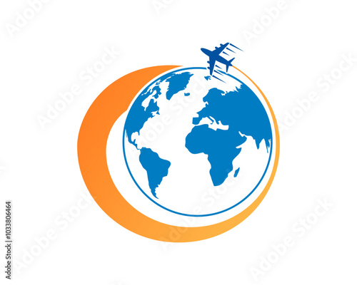Flying plane surrounding the globe vector logo
