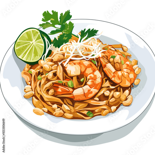 Pad Thai with Shrimp and Peanuts - Vector Illustration