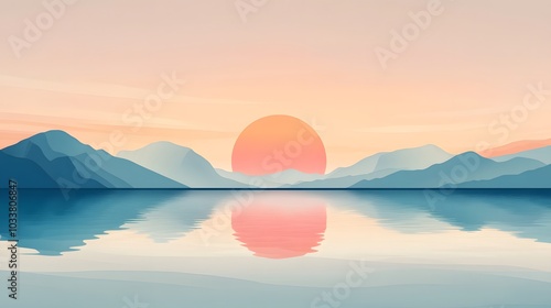 A flat vector illustration of the sunrise over mountains, with water reflecting the colors and light from the sun in a cartoon style.