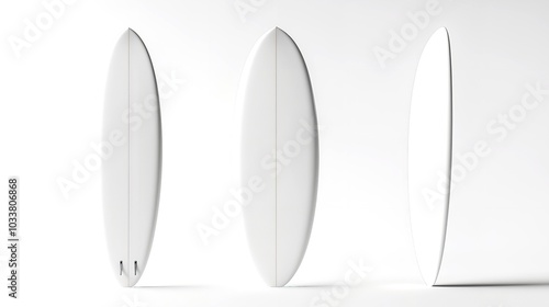 Studio photograph of a stand-up paddle board with natural lighting and shadows on a solid white surface.