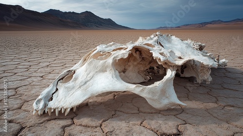 A large animal skull rests on dry cracked desert terrain against a backdrop of distant mountains, capturing themes of decay and isolation independent of time. photo