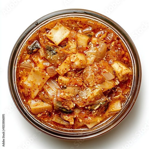 Top view of a glass bowl with kimchi jjigae isolated on white background