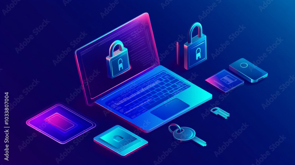 An isometric vector illustration of a dual authentication concept, showcasing modern methods for protecting personal data. The design features a laptop accompanied by a password, a padlock, and a key, An isometric vector illustration of a dual authentication concept, showcasing modern methods for protecting personal data. The design features a laptop accompanied by a password, a padlock, and a key,