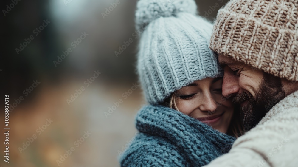 In a serene and rainy setting, a couple warmly embraces in cozy knitwear, reflecting love, unity, and comfort, while the environment softly blurs around them. In a serene and rainy setting, a couple warmly embraces in cozy knitwear, reflecting love, unity, and comfort, while the environment softly blurs around them.