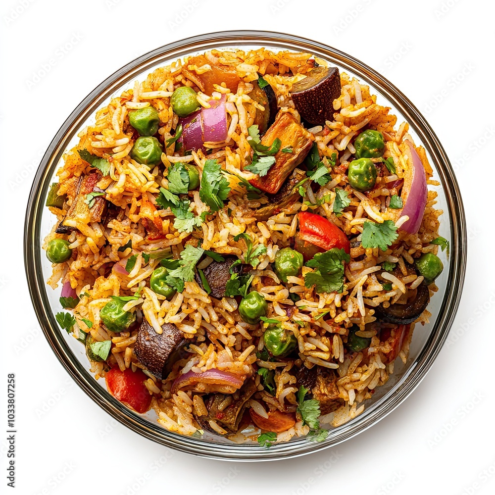 Top view of a glass bowl with vegetable biryani isolated on white background Top view of a glass bowl with vegetable biryani isolated on white background