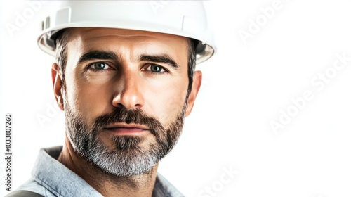 face of an experienced engineer in a hard hat, looking directly at the camera,